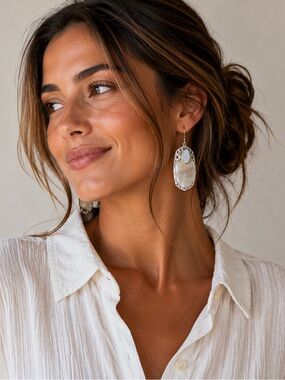 Kendra Scott Deva earrings silver filigree setting mother of pearl druzy stone